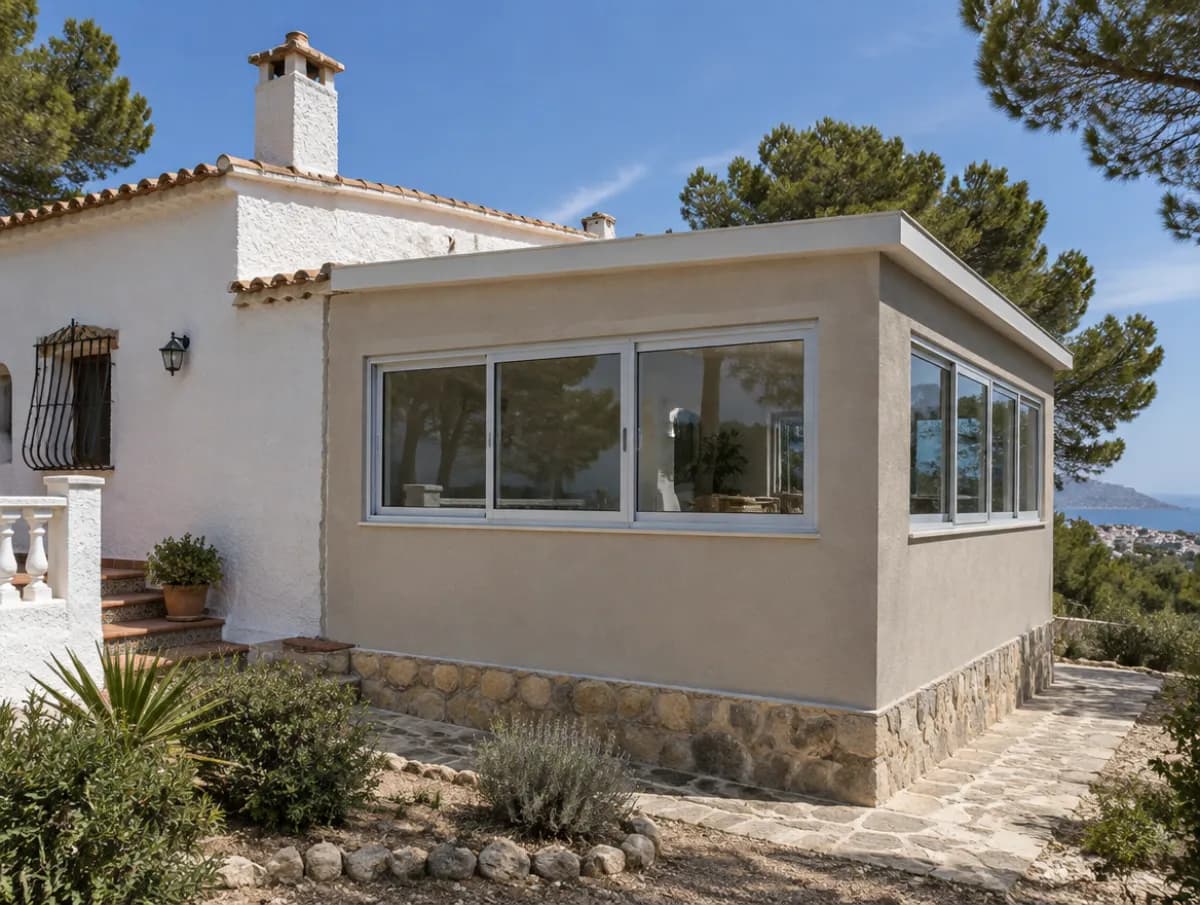 Witte villa met een latere aanbouw met plat dak en grote ramen in een andere kleur stucwerk