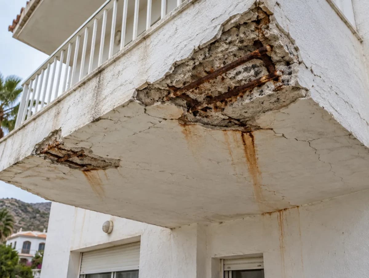 Onderkant van een balkon waar het beton is afgebrokkeld en roestige wapening zichtbaar is, met roestsporen op de gevel