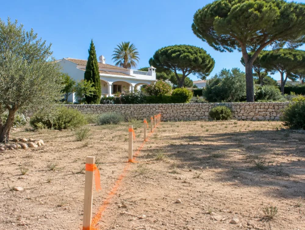 Tuin van een witte villa met een rij paaltjes en een gespoten lijn die dwars door de tuin naar de muur loopt